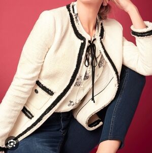 TALBOTS Women's Provence Blazer Plus Size 22 White Piping Tweed Jacket Classic